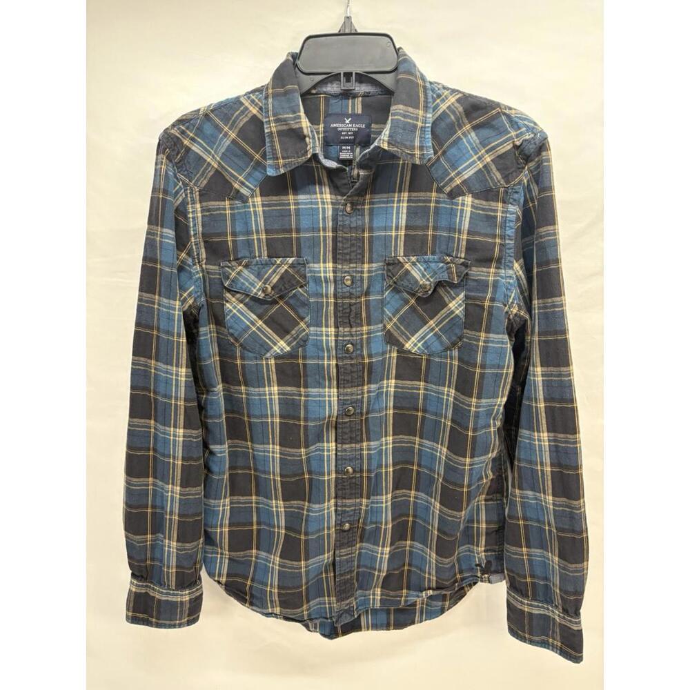 American Eagle Men’s Blu Plaid Snap Button Long Sleeve Shirt With Pockets Size M